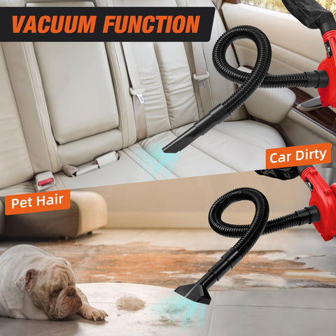 M18 Battery Compatible Cordless Leaf Blower With Brushless Motor, vacuum function shown cleaning car seats and pet hair.