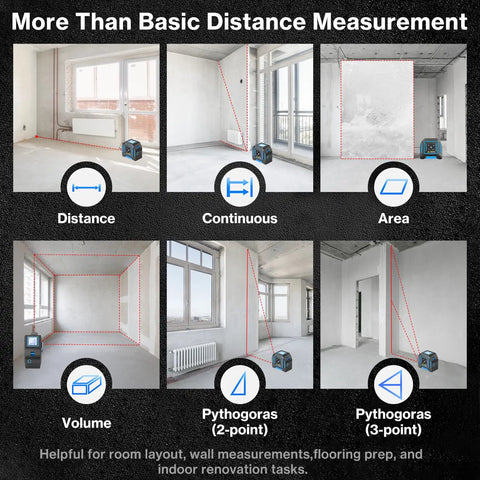 2-In-1 Laser Distance Meter And 16 Ft Tape Measure For Indoor Measuring Handy 130 Ft Range Quick Room To Hallway Checks showing measurement modes