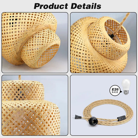 Plug In Pendant Light With Rattan Hanging Lights And Hand Woven Bamboo Lampshade, 15ft Hemp Rope, On Off Switch, details
