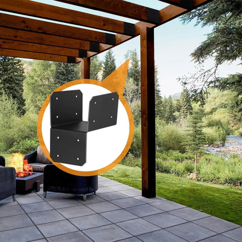 Super Sturdy Rock Solid Post Cap Tie Brackets For 4x4 Wood Decks And Joist Hangers shown in outdoor pergola setting