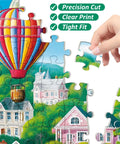 300 Piece Jigsaw Puzzle For Adults Colorful Hot Air Balloon Town interlocking pieces being assembled, 20.5x15 inches