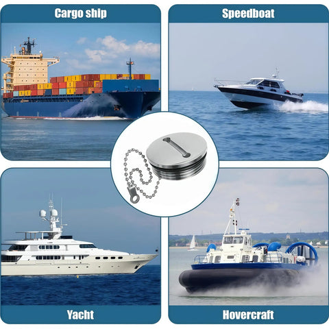 Keyless 50mm Boat Deck Fill Cap in Marine Grade 316 Stainless Steel with cargo ship, speedboat, yacht, and hovercraft in background