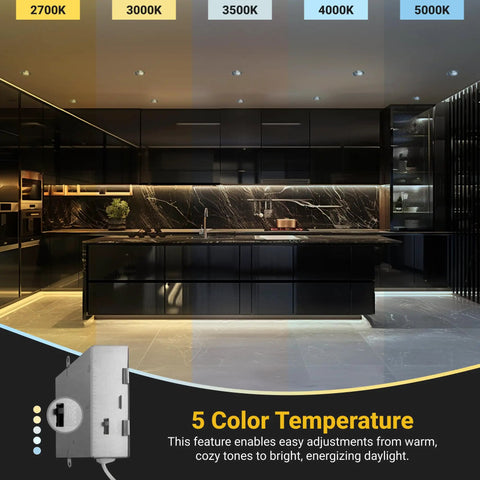 Kitchen with 3 Inch LED Gimbal Recessed Downlight Canless 4 Pack with 5 CCT Color Switch showing 2700K to 5000K lighting options