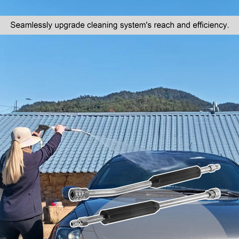 Heavy Duty Pressure Washer Extension Wand Set Two Pack With Straight And 15 Degree Curved Angled Lance shown in use for car washing.