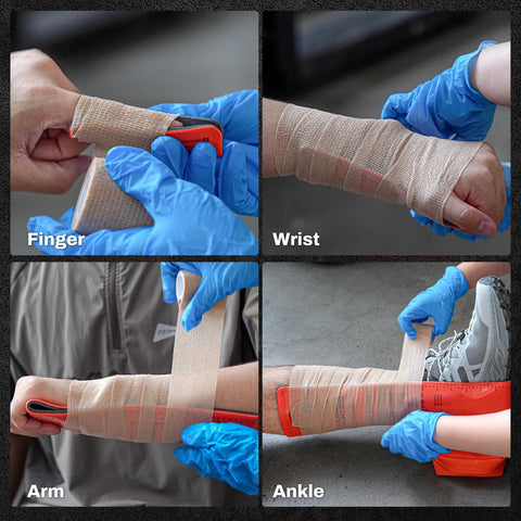 RHINO RESCUE first aid splint, 36 x 4.3 in, orange-gray, shown wrapped around finger, wrist, arm, and ankle.