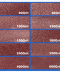 Comparison of various grit textures from 60 to 600 grit, focusing on 80 grit used in the 8 Piece 0.8 Inch Flap Wheel Set, 80 Grit Aluminum Oxide Mounted Flap Wheels With 1/4 Shank for Grinding, Polishing, Rust Removal, Red Finish, Great for Metalworking, Stainless Steel, and Automotive Tasks.