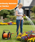 Woman watering garden with Portable Garden Hose Reel Cart For 50 To 80 Foot 5/8 Inch Hoses, Durable Storage Cart shown