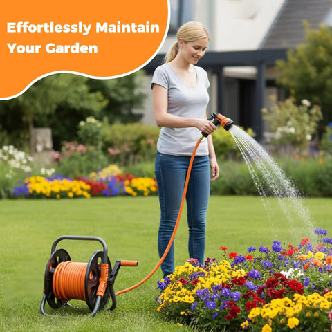 Woman watering garden with Portable Garden Hose Reel Cart For 50 To 80 Foot 5/8 Inch Hoses, Durable Storage Cart shown