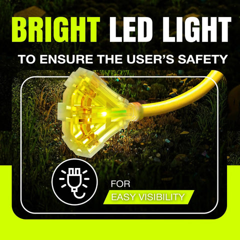 75 Foot Indoor Outdoor Extension Cord 3 Outlet Heavy Duty 12 Gauge 3 Conductor SJTW Waterproof Flexible Yellow Cord with LED