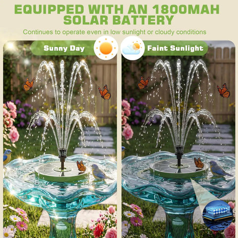 Comparison of Go To Solar Water Pump Fountain For Garden Bird Bath With Built In 1500mAh Battery 3.5W Panel And 8 Nozzles showing spray in sun and shade