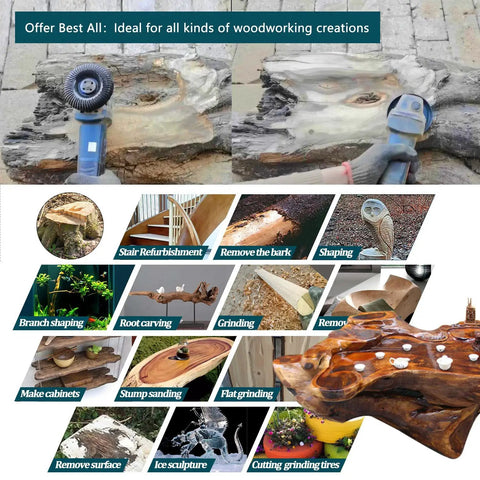 Collage of wood shaping projects using a 4 Inch Wood Shaping Wheel for Angle Grinders With 5/8 Inch Arbor and 7/8 Inch Conversion Ring Included