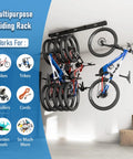 Rugged Heavy Duty Ceiling Bike Rack That Slides For Up To Six Bicycles Overhead Garage Storage Mount With 51 Inch Rails Black Steel Hanging Hooks Supporting Up To 450 Pounds Easy Install Bike Ceiling Mount displaying two bikes hanging on a sliding rail system in a garage.