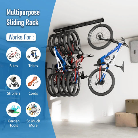 Rugged Heavy Duty Ceiling Bike Rack That Slides For Up To Six Bicycles Overhead Garage Storage Mount With 51 Inch Rails Black Steel Hanging Hooks Supporting Up To 450 Pounds Easy Install Bike Ceiling Mount displaying two bikes hanging on a sliding rail system in a garage.