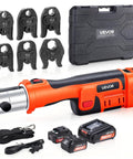 VEVOR 18V Electric Pipe Press Tool With Six VUS Jaws for Copper Crimping, includes batteries and case, for plumbing use.