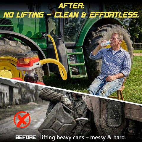 5 Gpm Cordless Fuel Transfer Pump With Auto Shut Off And Beep Alert used on tractor for easy fueling, highlighting effortless operation.