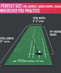 Big Time Golf Putting Mat For Home Practice 367cm By 67cm with alignment lines and target markings, shown with a putter.