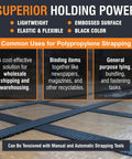 Heavy Duty Polypropylene Strapping Roll Half Inch Wide Three Hundred Pound Breaking Strength Embossed Plastic Banding on a table.