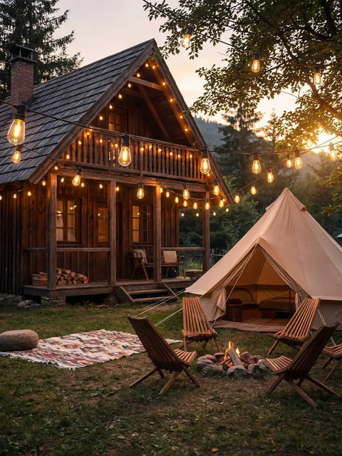 30Ft S14 Patio String Lights With 11 Clear LED Bulbs Plus 1 Spare, illuminating a rustic cabin and tent at sunset