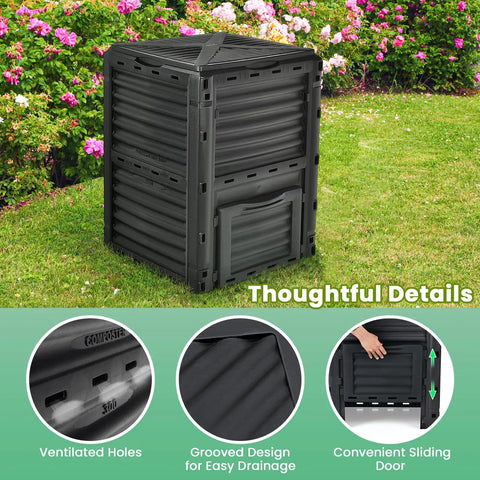 80 Gallon Outdoor Compost Bin With Top Lid And Bottom Door Aerating Design in a garden setting