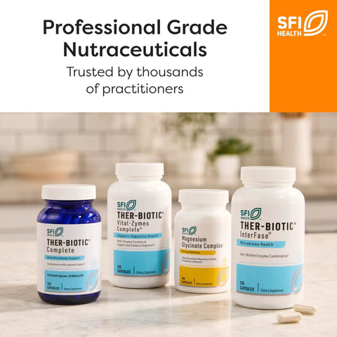 Assorted SFI Health nutraceutical supplements including Ther-Biotic and Magnesium Glycinate complex on a countertop.