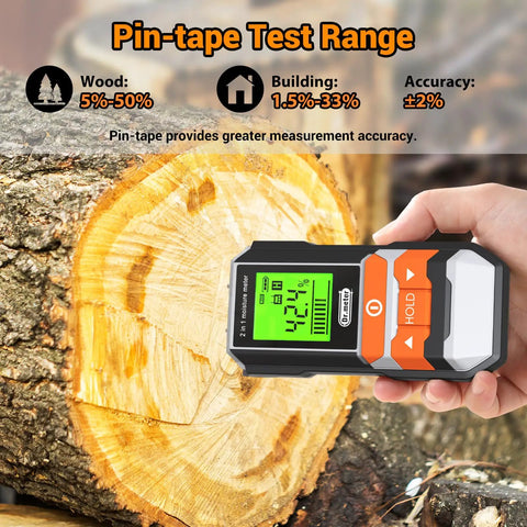 2 In 1 Pin And Pinless Wood Moisture Meter Digital Humidity Sensor Detector testing wood log in forest with display