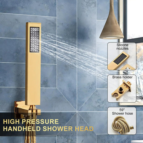 Premium Brushed Gold Shower System With Slick 10 Inch Rainfall Head And Wall Mount Faucet Kit Designed For Bullseye USA Plumbing Fit And Offers A Legit Heavy Duty Vibe