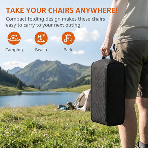 Person holding packed Armless Rocking Camping Chair With Spring Action Tech, Portable Folding Outdoor Rocker For Adults near lake