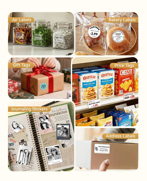 Collage showing uses of the B2 Pro Label Maker With Bluetooth, 300 DPI Sticker Printer for jars, bakery items, gifts, and notes.