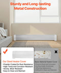 5 Ft Baseboard Heater Cover installed in living room, heavy duty steel front panel, durable white finish, ideal for home improvement upgrade.