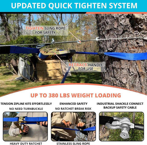 Backyard Zip Line Kit For Kids And Adults 100 Ft 120 Ft 150 Ft Or 200 Ft Lengths, Supports Up To 380 Lbs shown with quick tighten system
