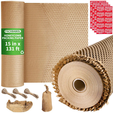 Eco Friendly Honeycomb Packing Paper Roll 15 Inch By 131 Feet Perforated Cushion Wrap For Moving And Shipping Fragile Items