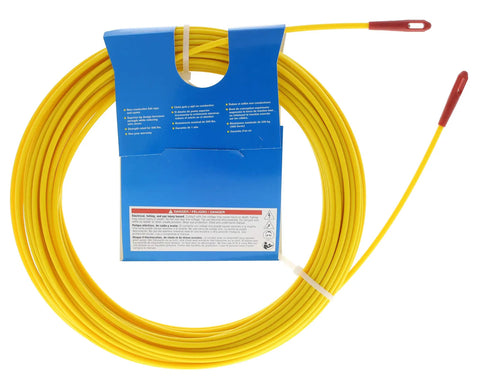 Yellow fiberglass fish tape in packaging for electricians' wiring work near live circuits, complementing Beast Mode Ductile Iron Bender Head