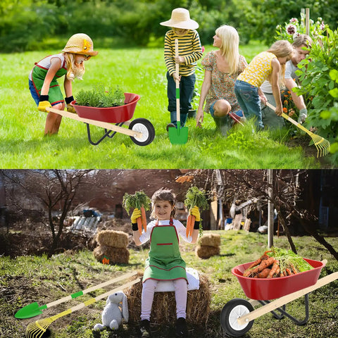 Children using Kid Friendly Gardening Wheelbarrow Set With Real Wheelbarrow, Wooden Tools, Apron, Gloves, Plant Stickers And STEM Guide outdoors