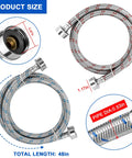 Braided stainless steel washing machine hoses, 4 ft total length, 3/4 in NPT connectors, red and blue color-coded, 2-pack