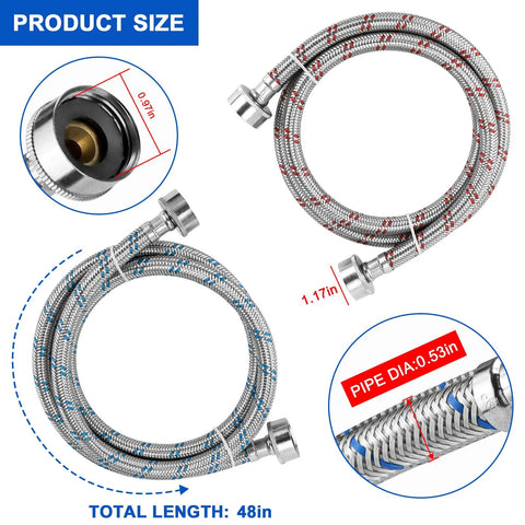 Braided stainless steel washing machine hoses, 4 ft total length, 3/4 in NPT connectors, red and blue color-coded, 2-pack