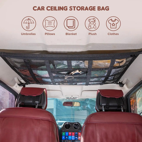 Upgrade Car Ceiling Cargo Net Pocket 31.5x21.6 installed in SUV with visible contents like blankets and clothes