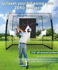 Golfer using Golf Simulator Enclosure With 270 Degree Protection And 3 In 1 Home Golf Studio outdoors with impact screen