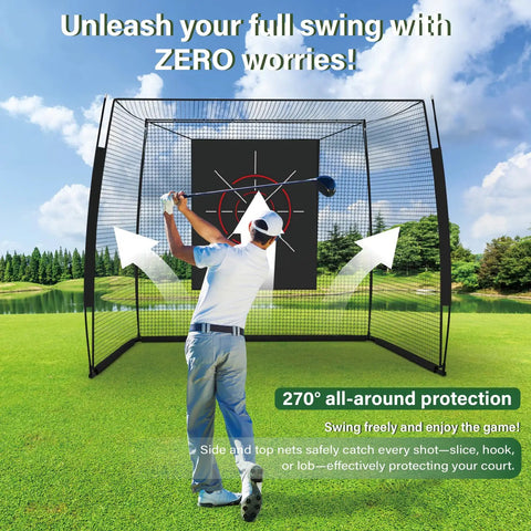 Golfer using Golf Simulator Enclosure With 270 Degree Protection And 3 In 1 Home Golf Studio outdoors with impact screen