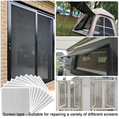 Self Adhesive Window Screen Patch Kit That Sticks Easy Fiberglass Patch Tape For Quick Fixes On Tears And Holes In Windows Screen Doors Mesh Screens And Gauze Curtains 10 Patches 4x4 Inches Gray Heavy Duty And Durable shown in various repair applications.