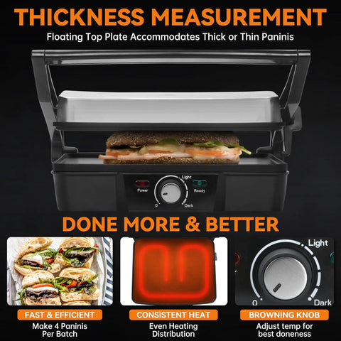 Bakers Friend Stainless Steel Panini Press Electric Griddle And Sandwich Maker Grill with adjustable browning control and thick sandwich.