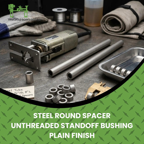 Top Shelf 3/4 Inch Outside Diameter 5/16 Inch Inner Bore 8 Inch Long Mild Steel Seamless Tubes 10 Pack Industrial Spacer Tubing on a workbench.