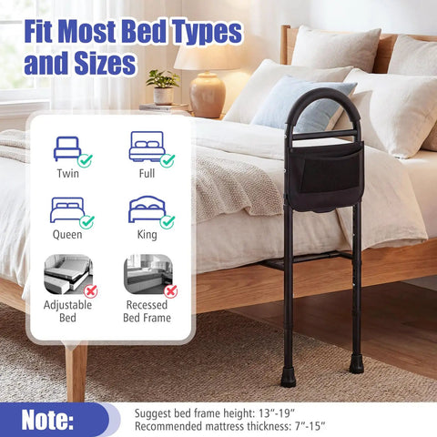 Bed Rail Guard For Elderly Safety with adjustable height beside a bed, fits King Queen Full Twin, featuring storage pocket and durable steel.