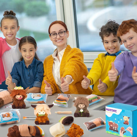 Smiling group assembling Awesome Three Pack Needle Felting Kit For Beginners With Wool Felt Tools Foam Pad and Highland Cow Keychains.