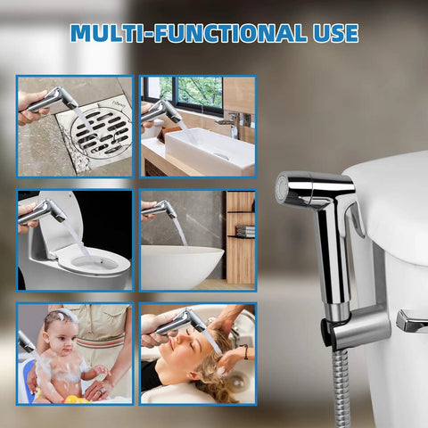 Image showing the Sink Faucet Hose Sprayer Attachment with 10 Adapters used for cleaning drains, bathrooms, and as a handheld bidet rinser.