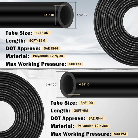 CheeMuii 35-piece DOT air line fittings kit with 50 ft 1/4 in OD tubing and 30 ft 3/8 in OD tubing; black nylon tubing
