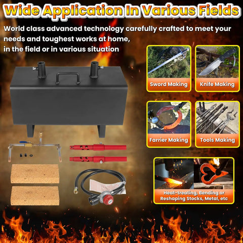 Beefy Portable Propane Gas Forge With Double Burner 2600F Forging Furnace for blacksmithing and knife making shown with accessories.