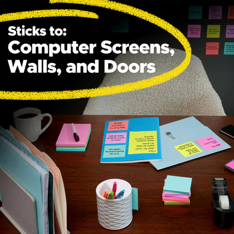 Super Sticky 3 By 3 Neon Fizz Notes Dispenser Pack 18 Pads With 90 Sheets Each Double Strength Adhesive For Bold Reminders Ideal For Office School Or Home Organization Easy Peel And Bright Color Coding, sticky notes on desk