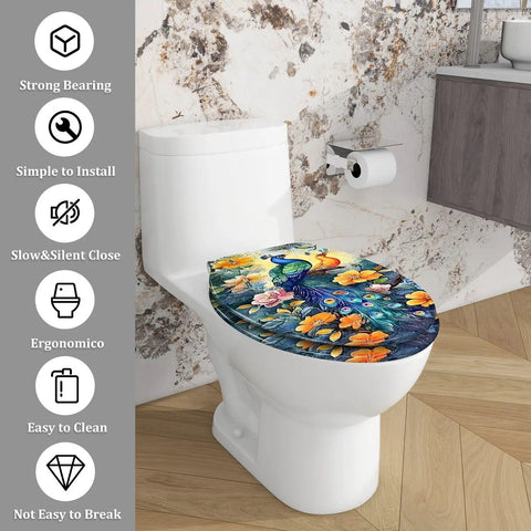 Elongated Toilet Seat Resin for Bathroom with colorful peacock and floral design, easy to clean, fits standard toilets.