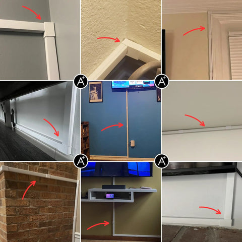 630 Inch White Cable Raceway Kit for wall cord management installed in various home settings showing corners and straight connectors