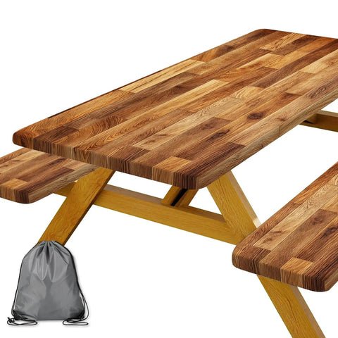 Picnic Table Covers With Bench Covers Wooden Pattern Camping Tablecloth 6 Foot For 6 Person Fitted Picnic Table Cover With Elastic Windproof Waterproof Fabric For Outdoor Patio And Backyard Hangouts